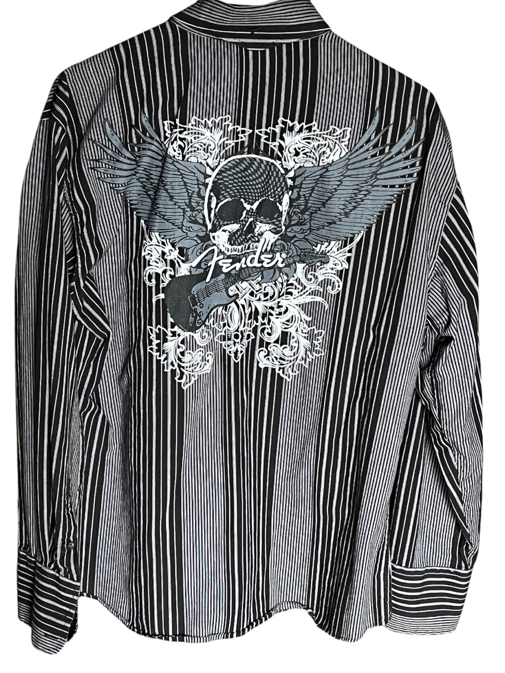 Fender Black & White Striped Button-Down Shirt with Skull Wing Graphic size L